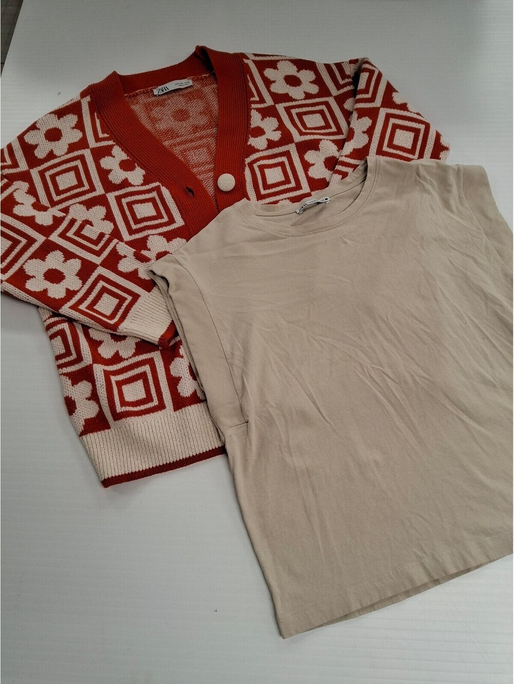 Zara Floral Pattern Button-Up Cardigan with Beige Sleeveless Top